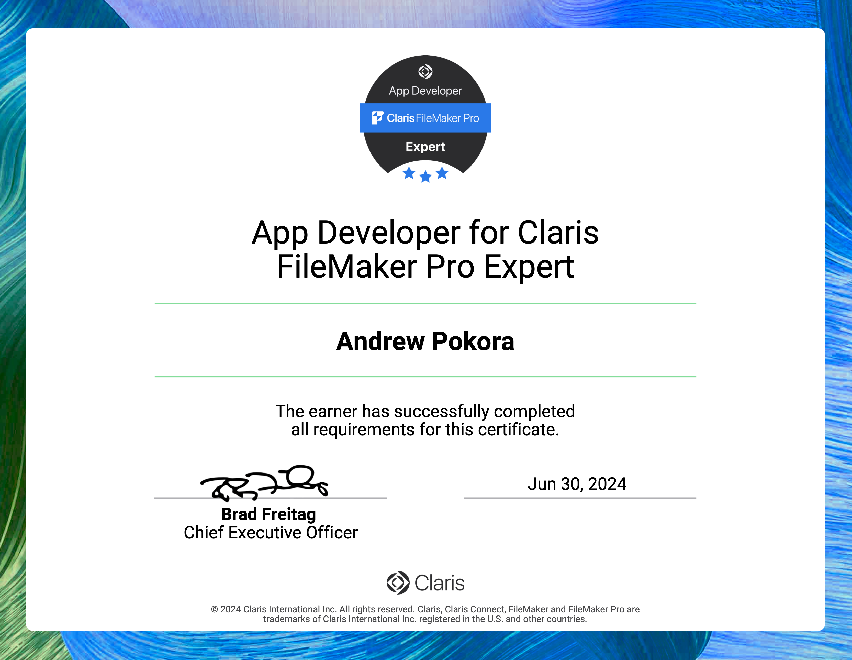 Andrew Pokora Claris Certification Badge